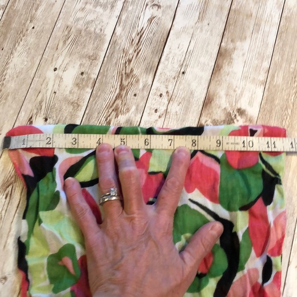 Lightweight floral fringe scarf in shades of pink, greens, black & white - Picture 5 of 6